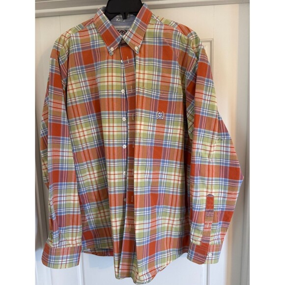 Cinch Western Short Sleeve Button Shirt Mens Size L Orange Blue Green Plaid - Picture 1 of 6